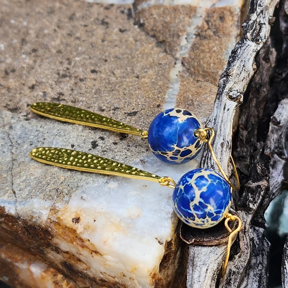 Natural Ocean Jasper 14K Gold plated Dangling Hypoallergenic Earrings